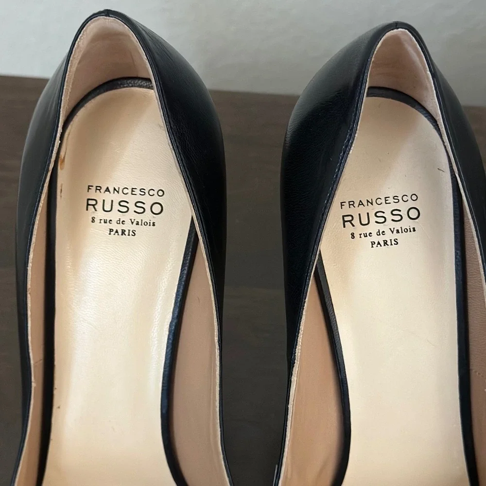 Francesco Russo Black Leather Pointed Toe CutOut Stiletto‎ Heel Pump Paris 38
